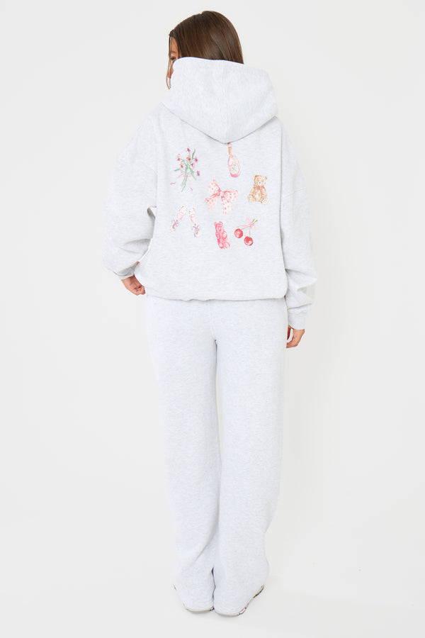 Kaiia Girly Back Graphic Oversized Hoodie Light Grey Marl