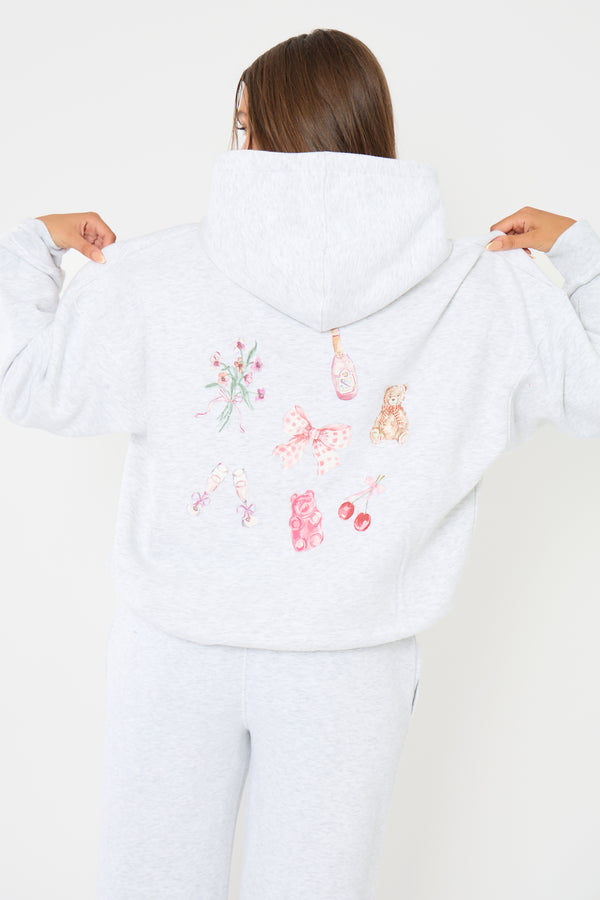 Kaiia Girly Back Graphic Oversized Hoodie Light Grey Marl