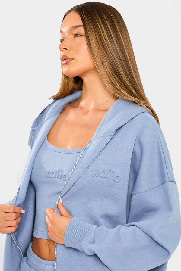 Kaiia Embossed Logo Oversized Zip Hoodie Vintage Blue