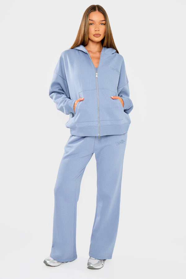 Kaiia Embossed Logo Oversized Zip Hoodie Vintage Blue