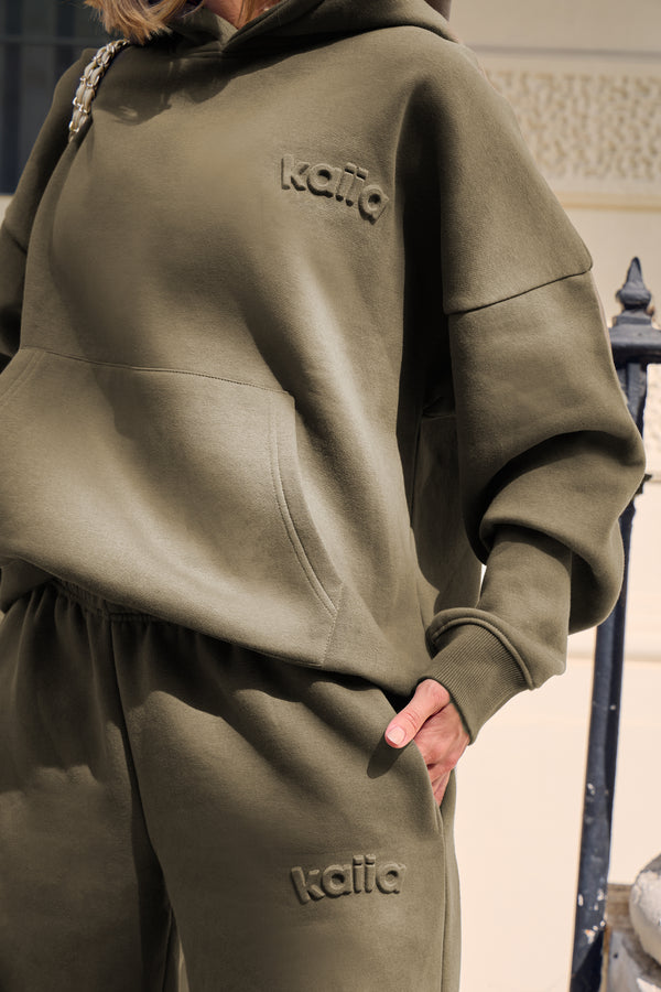 Kaiia Embossed Logo Oversized Hoodie Olive