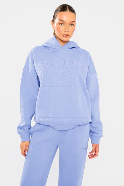 Kaiia Borg Slogan Oversized Hoodie Cornflower Blue | Kaiia