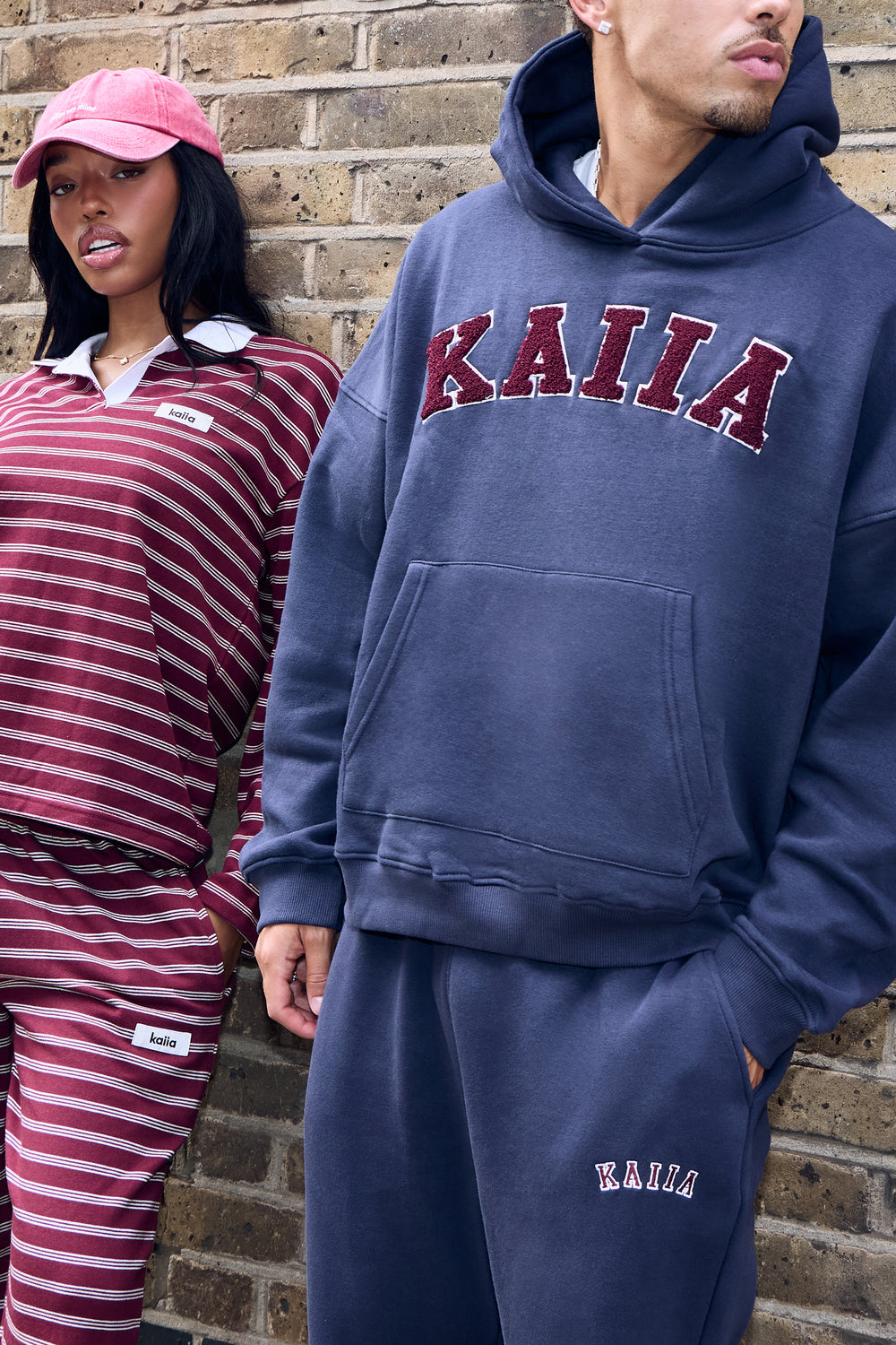 Kaiia Borg Slogan Oversized Hoodie Navy & Burgundy