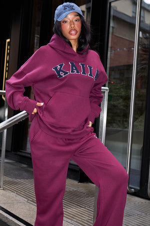 Kaiia Borg Slogan Oversized Hoodie Burgundy & Navy