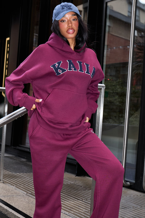 Kaiia Borg Slogan Oversized Hoodie Burgundy & Navy