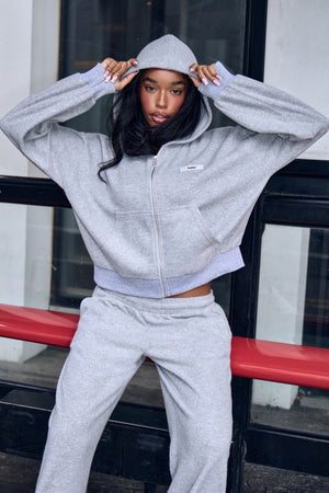 Kaiia Label Logo Supersoft Cropped Zip Through Hoodie Grey Marl