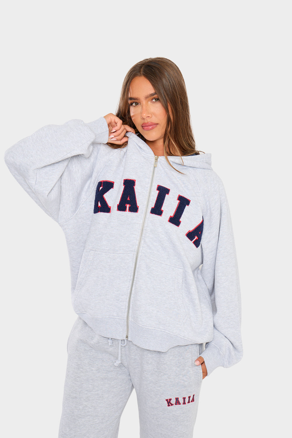 Kaiia Slogan Oversized Zip Through Hoodie Light Grey Marl & Red