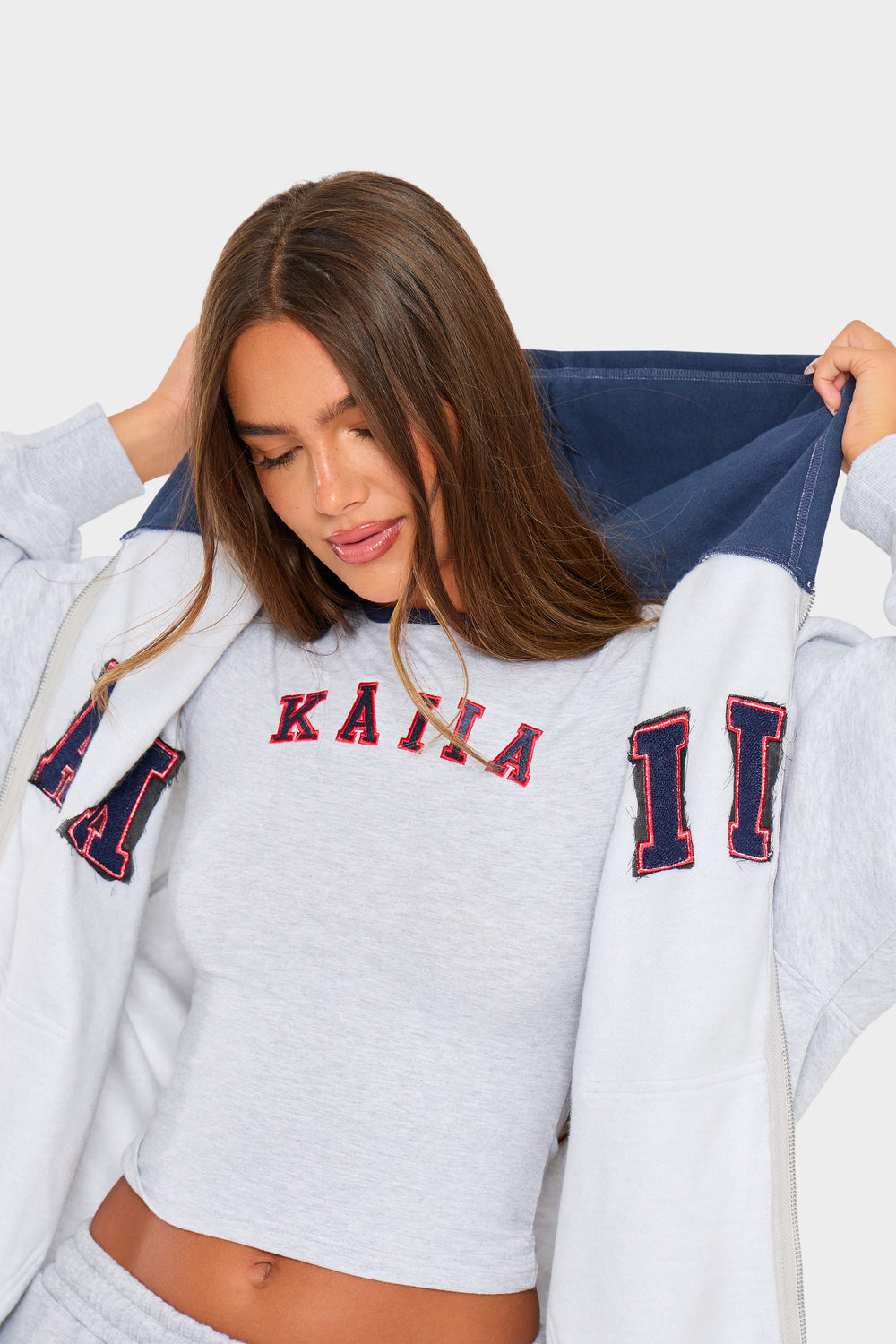 Kaiia Slogan Oversized Zip Through Hoodie Light Grey Marl & Red