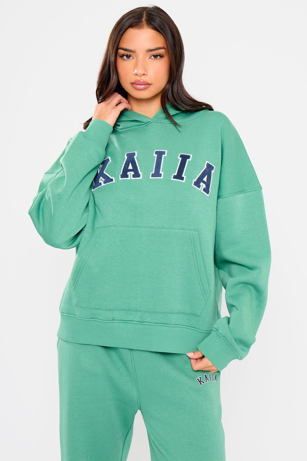 Kaiia Slogan Oversized Hoodie Jade Green & Navy