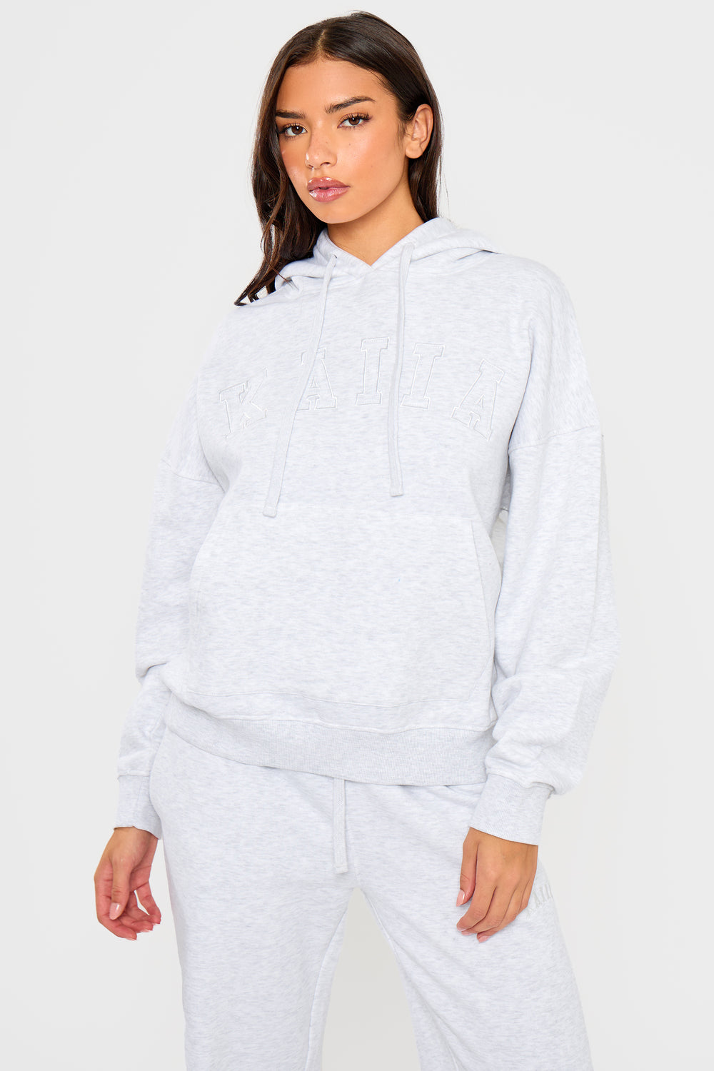 Kaiia Slogan Drawstring Oversized Hoodie Light Grey Marl