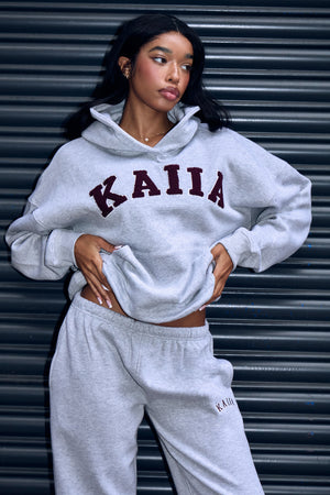 Kaiia Borg Slogan Oversized Hoodie Mid Grey & Burgundy