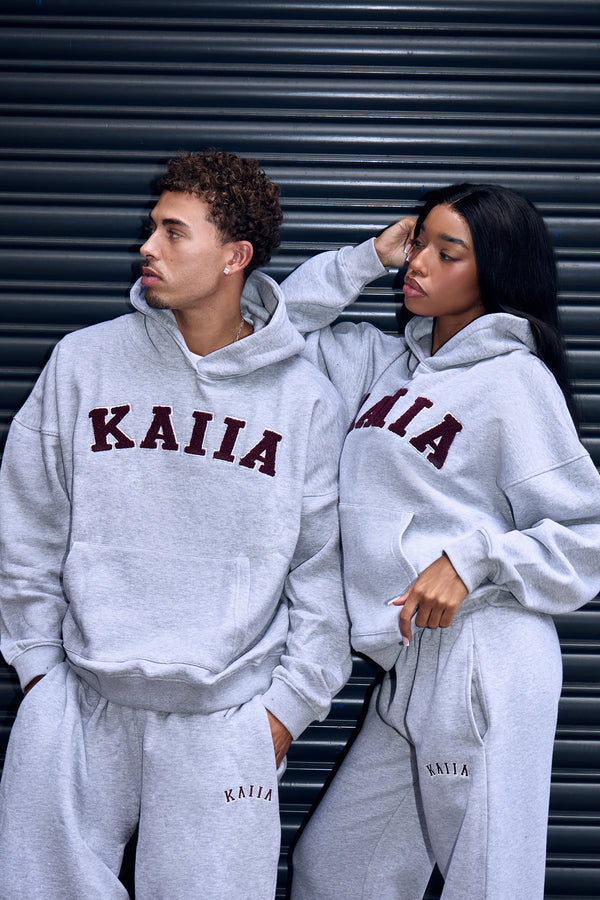 Kaiia Borg Slogan Oversized Hoodie Mid Grey & Burgundy