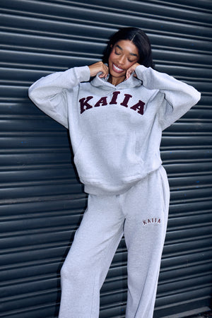 Kaiia Borg Slogan Oversized Hoodie Mid Grey & Burgundy
