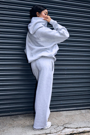 Kaiia Borg Slogan Oversized Hoodie Mid Grey & Burgundy