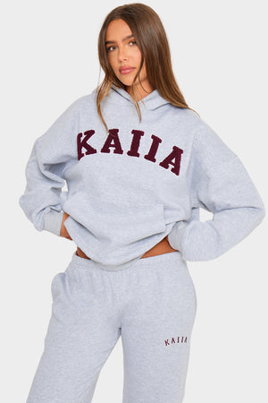 Kaiia Borg Slogan Oversized Hoodie Mid Grey & Burgundy
