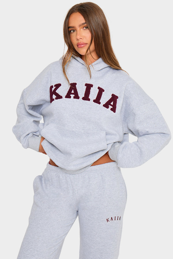 Kaiia Borg Slogan Oversized Hoodie Mid Grey & Burgundy