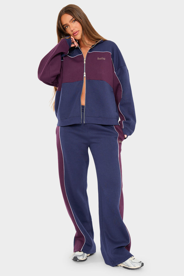 Kaiia Contrast Wide Leg Joggers Navy & Burgundy