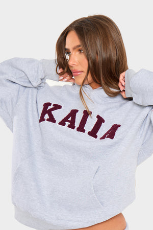 Kaiia Borg Slogan Oversized Hoodie Mid Grey & Burgundy