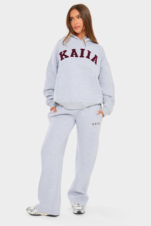 Kaiia Borg Slogan Oversized Hoodie Mid Grey & Burgundy