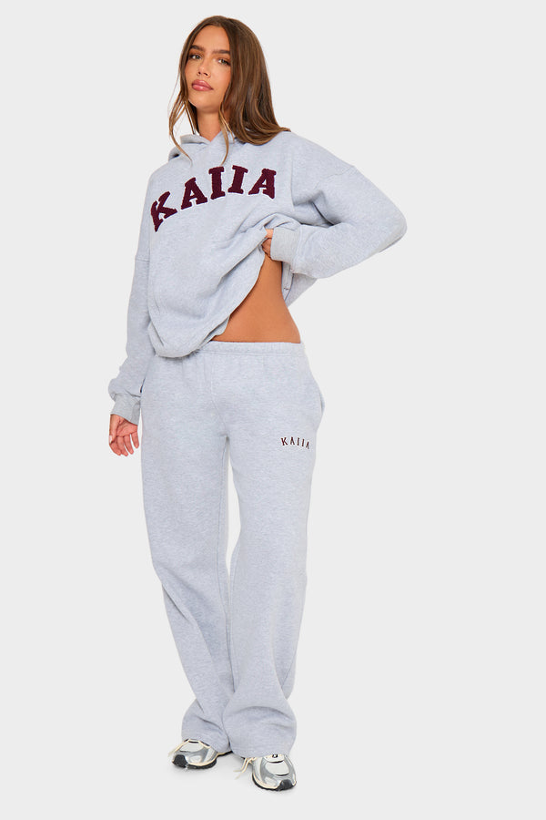 Kaiia Slogan Wide Leg Joggers Mid Grey & Burgundy
