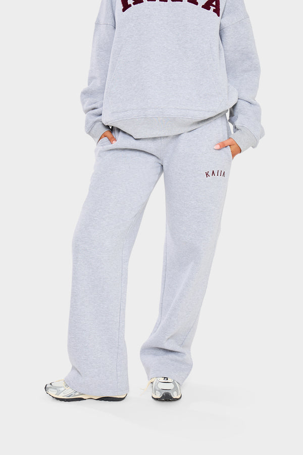 Kaiia Slogan Wide Leg Joggers Mid Grey & Burgundy
