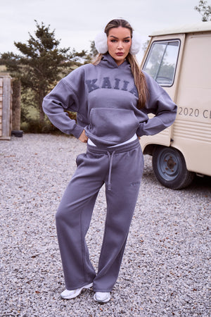 Kaiia Borg Slogan Oversized Hoodie Petrol Grey
