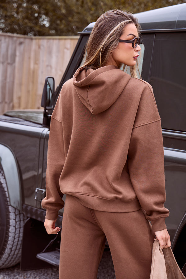 Kaiia Borg Slogan Oversized Hoodie Coffee