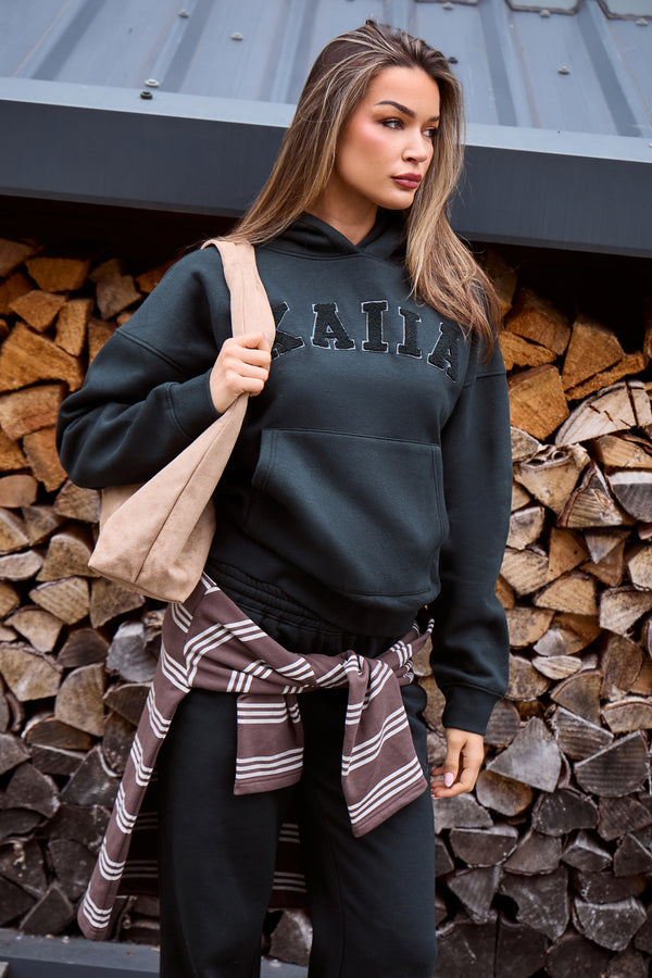 Kaiia Borg Slogan Oversized Hoodie Dark Pine
