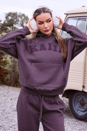 Kaiia Borg Slogan Oversized Hoodie Blackcurrant