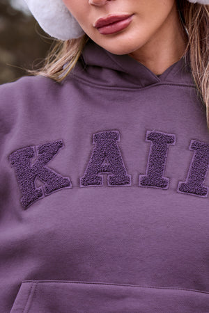 Kaiia Borg Slogan Oversized Hoodie Blackcurrant
