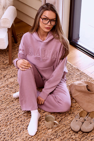 Kaiia Velour Slogan Oversized Hoodie Faded Purple