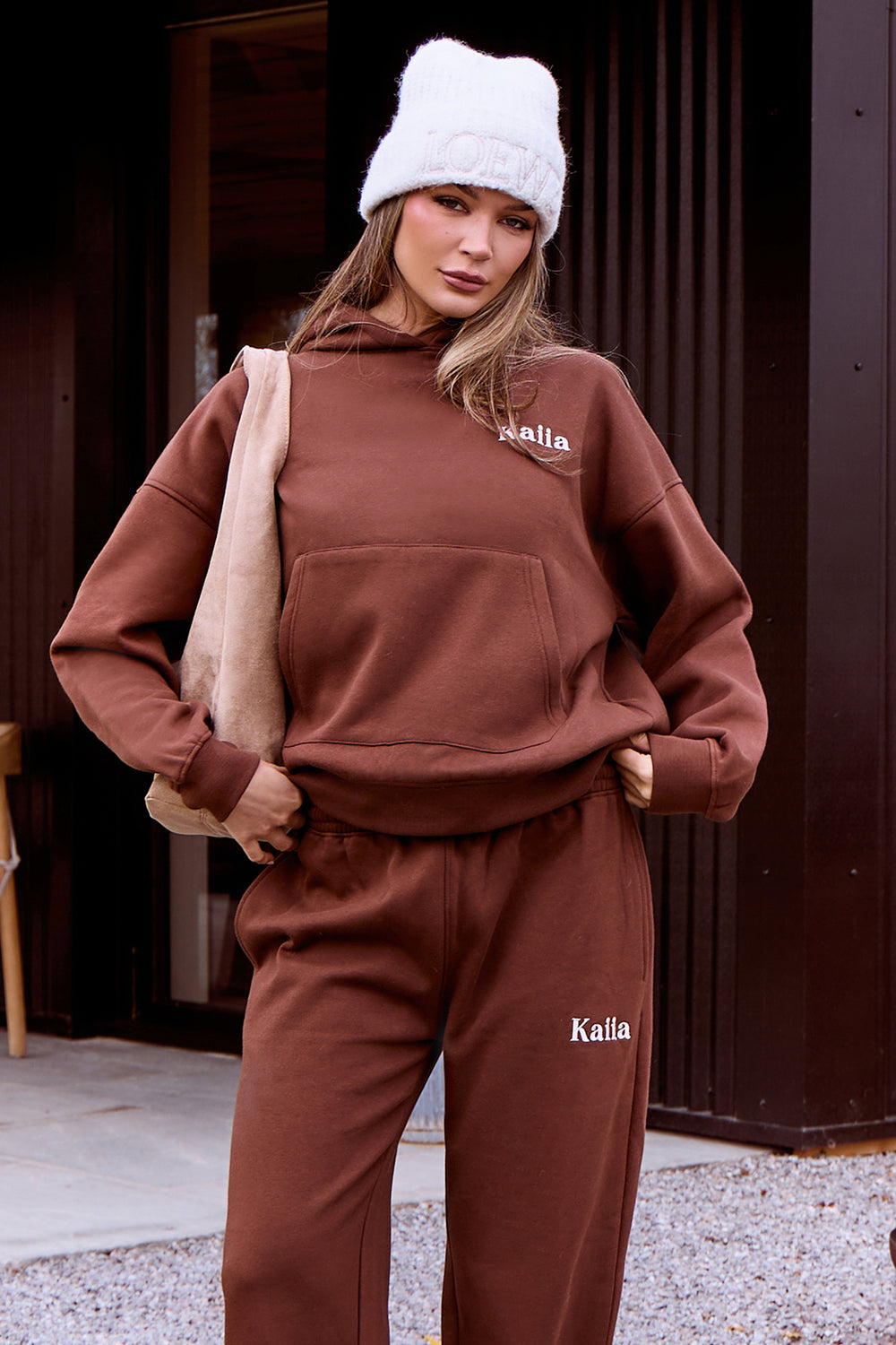 Kaiia Cosy Back Graphic Oversized Hoodie Fudge