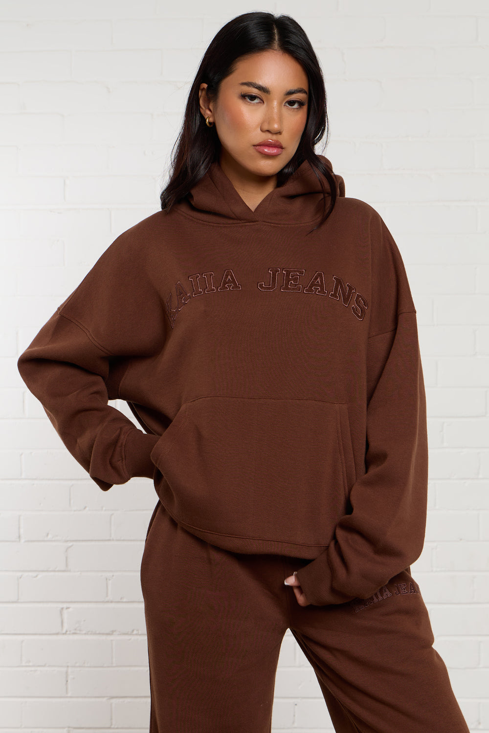 Kaiia Jeans Applique Oversized Hoodie Chestnut