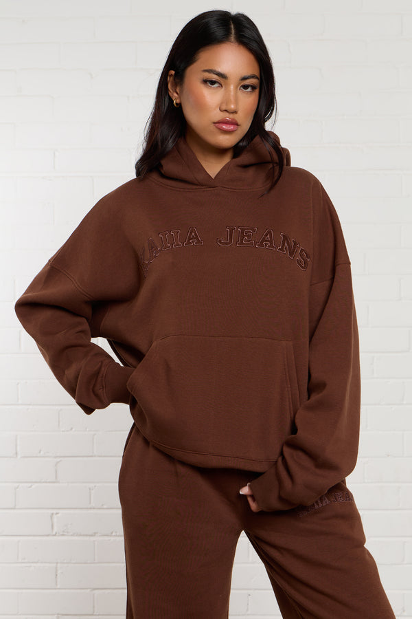 Kaiia Jeans Applique Oversized Hoodie Chestnut