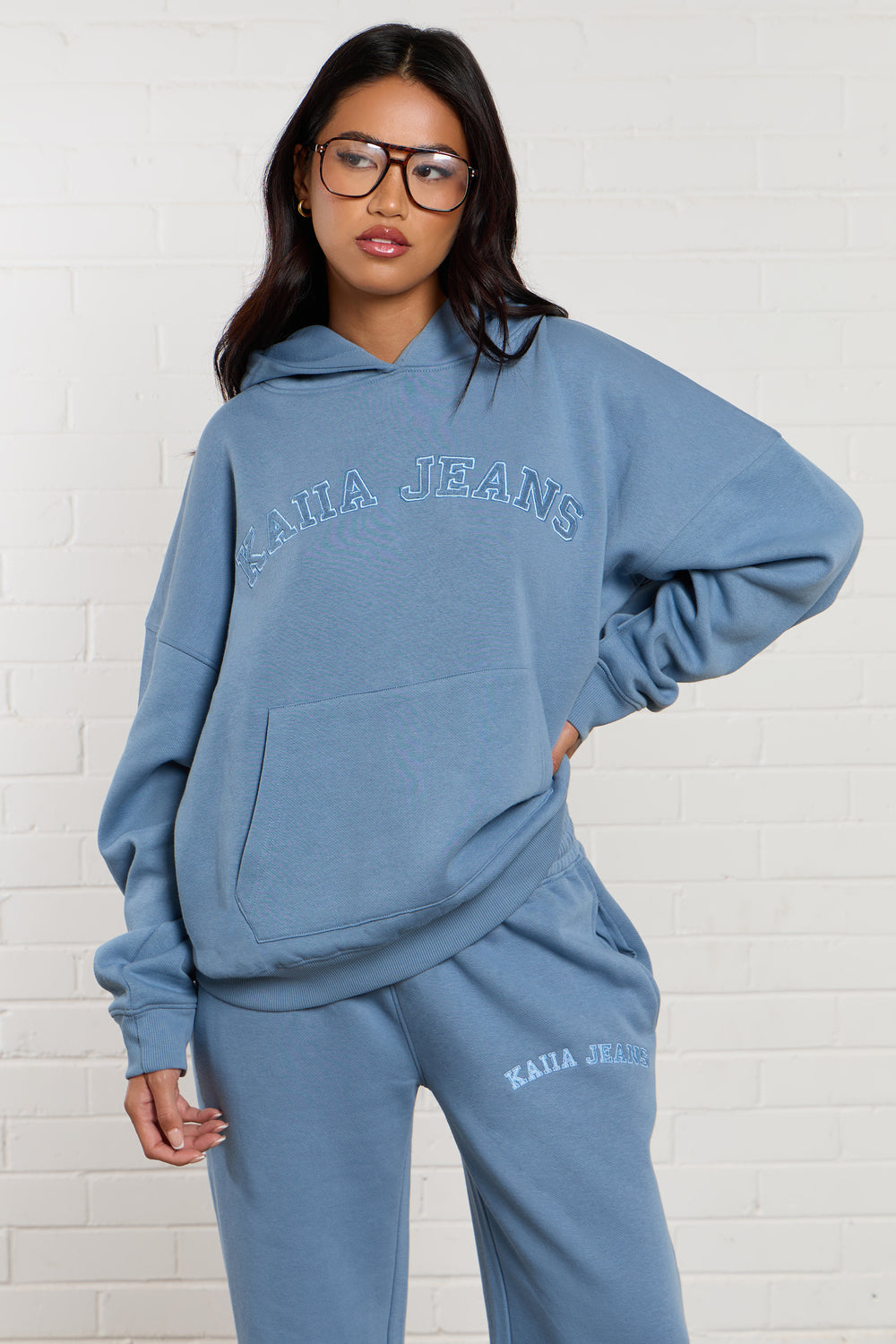 Kaiia Jeans Applique Oversized Hoodie Denim Blue