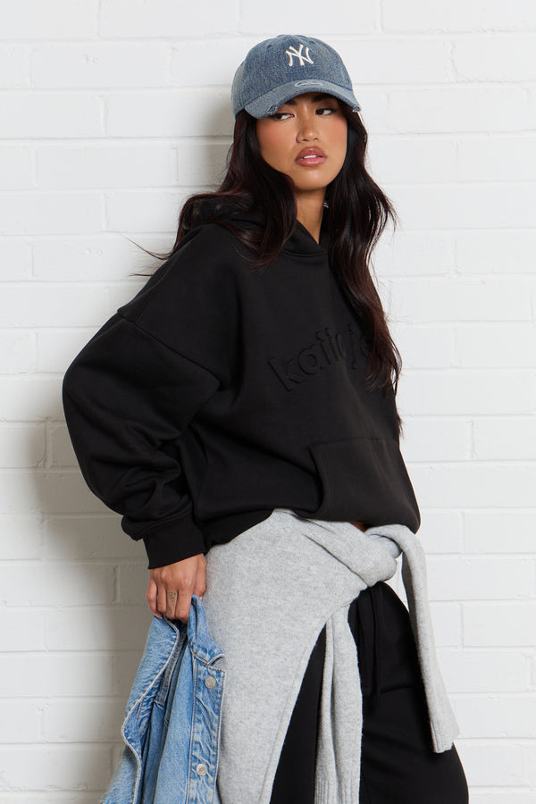 Kaiia Jeans Embossed Oversized Hoodie Black