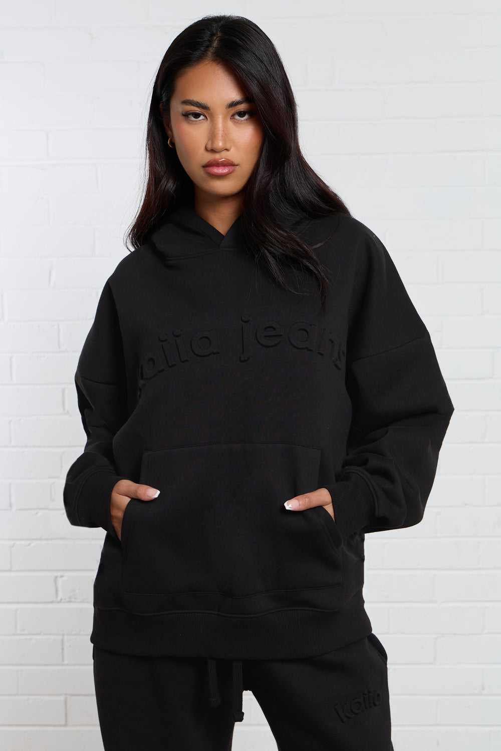 Kaiia Jeans Embossed Oversized Hoodie Black