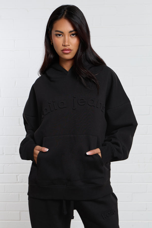 Kaiia Jeans Embossed Oversized Hoodie Black