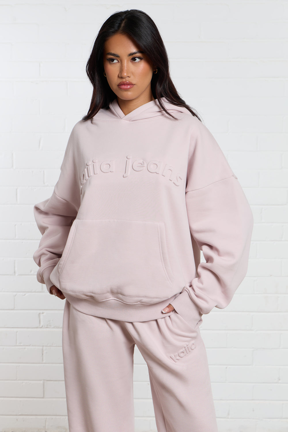 Kaiia Jeans Embossed Oversized Hoodie Pale Dusty Lilac