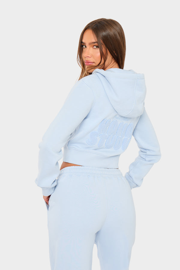 Kaiia Studio Bubble Borg Fitted Zip Through Cropped Hoodie Baby Blue