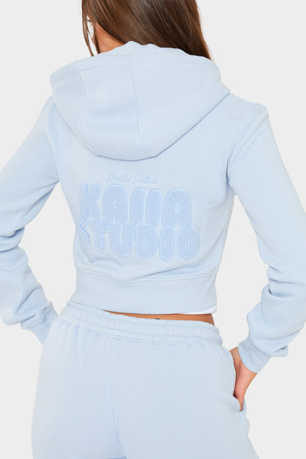 Kaiia Studio Bubble Borg Fitted Zip Through Cropped Hoodie Baby Blue