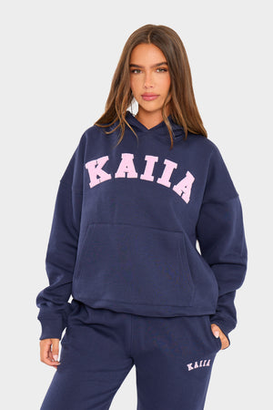 Kaiia Slogan Oversized Hoodie Navy & Pink