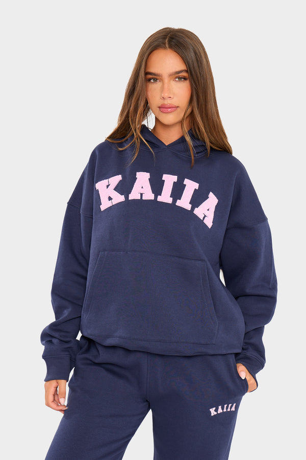 Kaiia Slogan Oversized Hoodie Navy & Pink