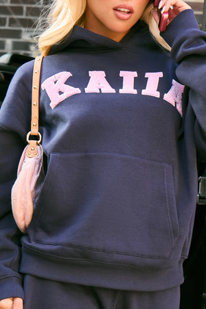 Kaiia Slogan Oversized Hoodie Navy & Pink