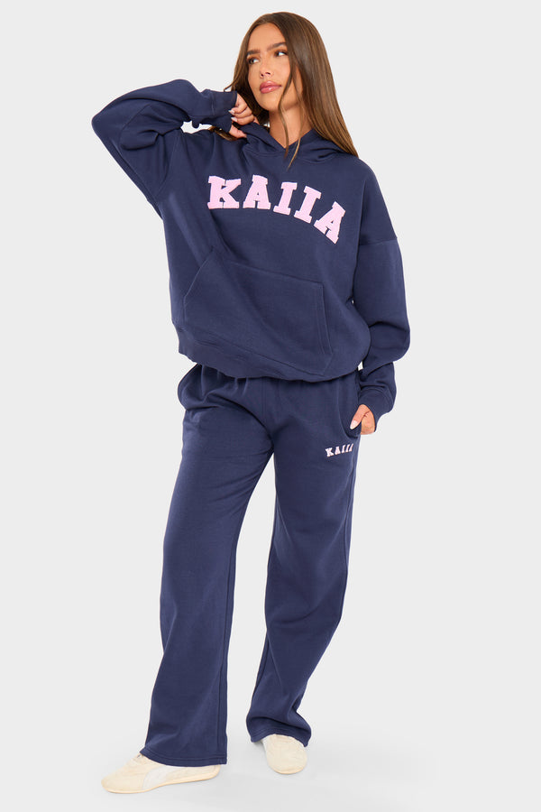 Kaiia Slogan Oversized Hoodie Navy & Pink