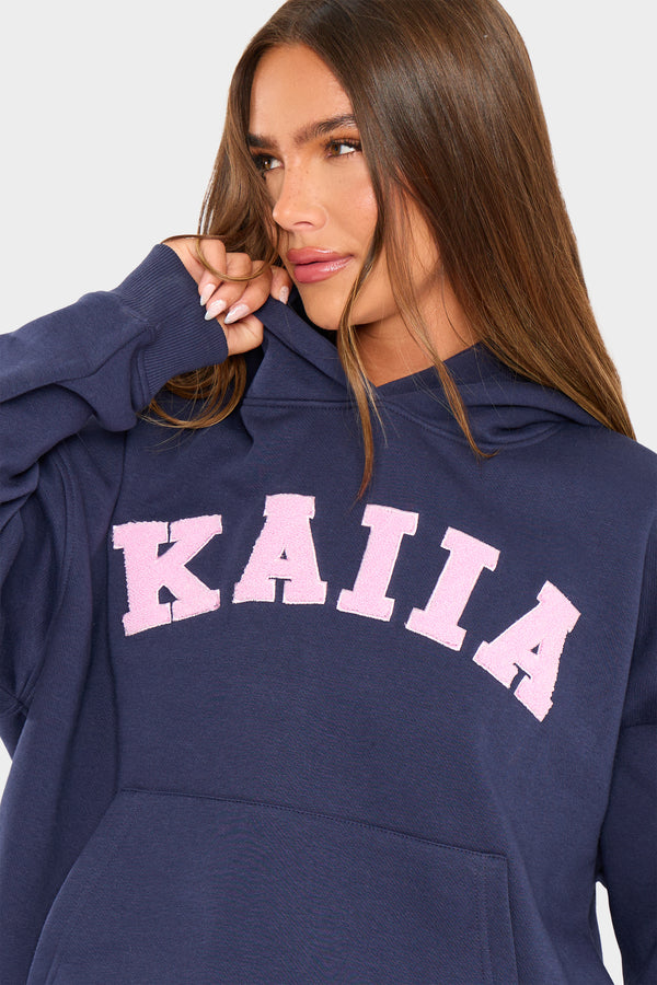 Kaiia Slogan Oversized Hoodie Navy & Pink