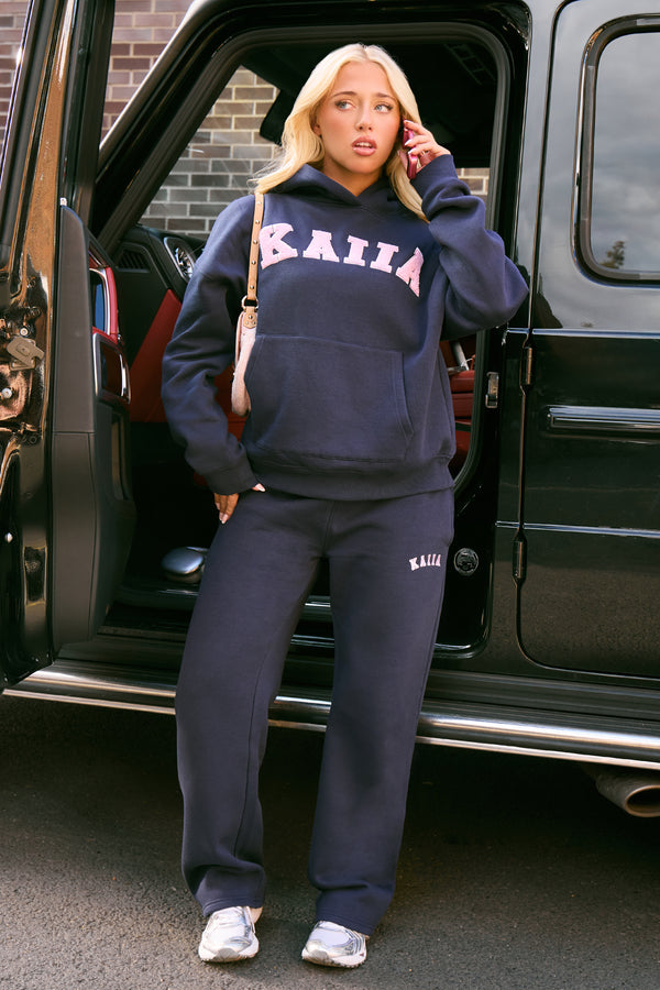 Kaiia Slogan Oversized Hoodie Navy & Pink