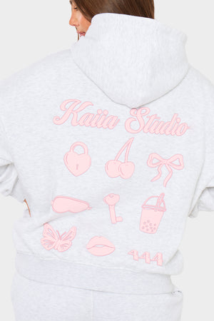 Kaiia Bubble Icon Oversized Hoodie Light Grey Marl & Pink
