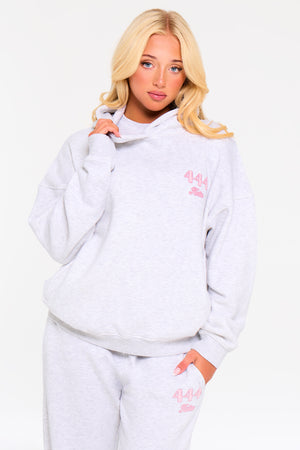 Kaiia Bubble Icon Oversized Hoodie Light Grey Marl & Pink