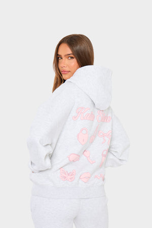 Kaiia Bubble Icon Oversized Hoodie Light Grey Marl & Pink